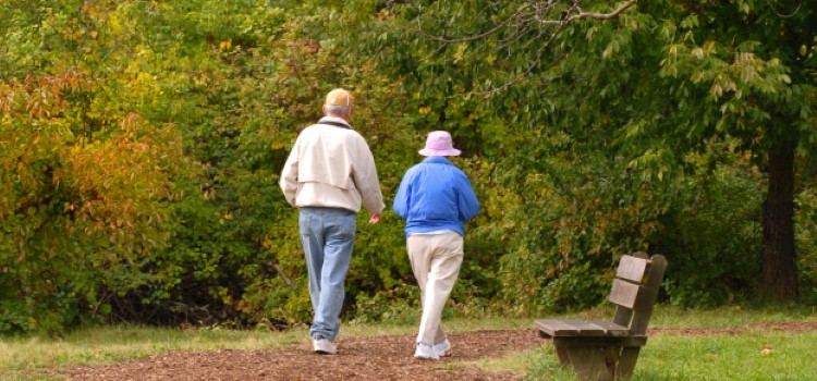 Äldre man och kvinna går på parkväg
